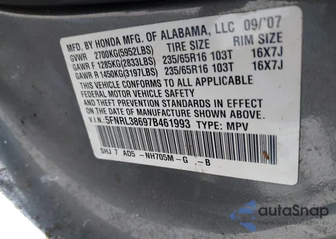2007 Honda Odyssey Ex-L from USA, damaged, VIN 5FNRL38697B461993
